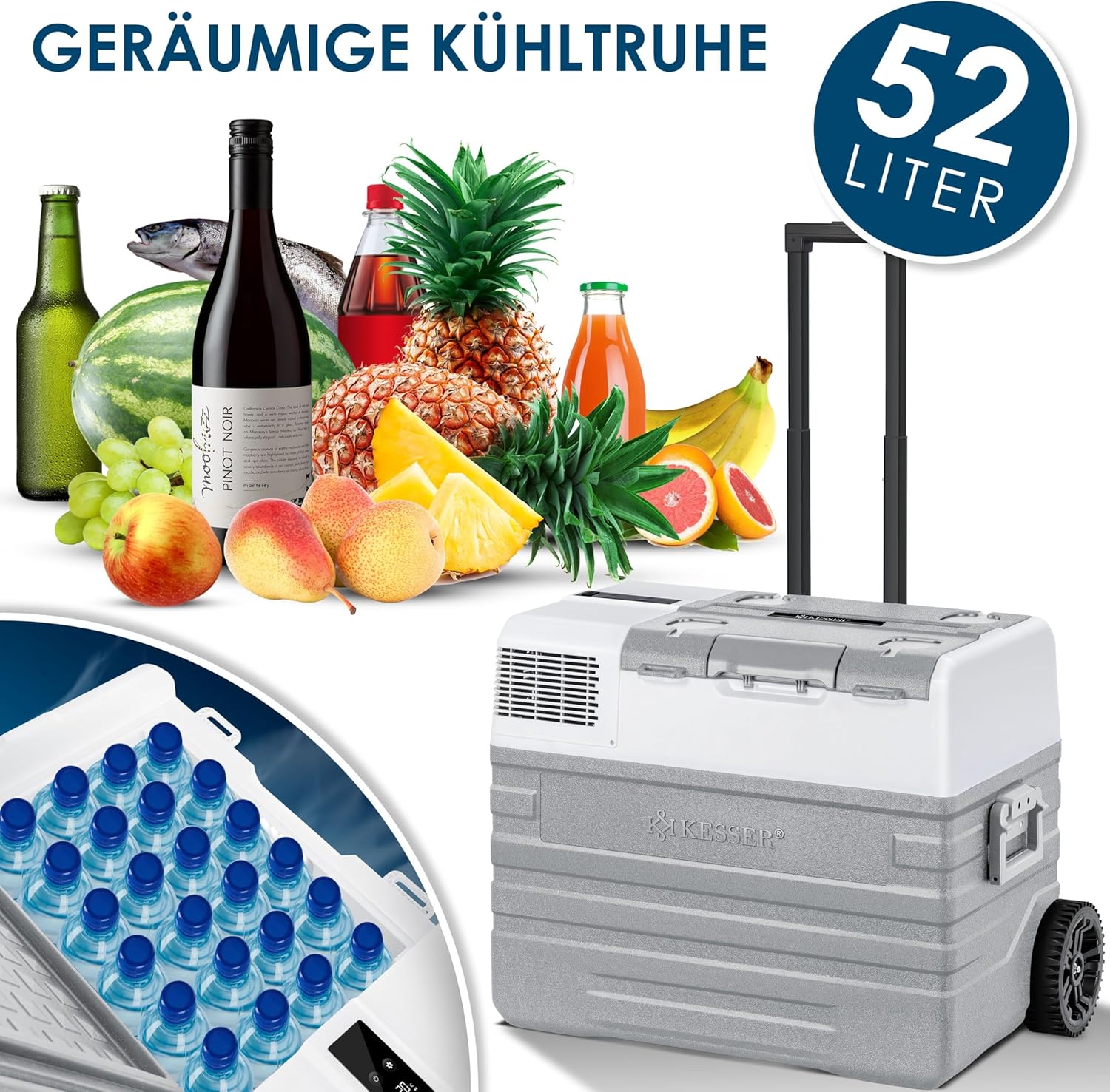 KESSER® Kompressor Kühlbox elektrisch Gefrierbox, 52 Liter Mit APP-Steuerung USB-Anschluss 12/24 V 230V, +Teleskopstange, 2x Kühlbox Räder Kühlschrank Kühlung bis -20 °C für Auto, Lkw, Boot + Kühlakku