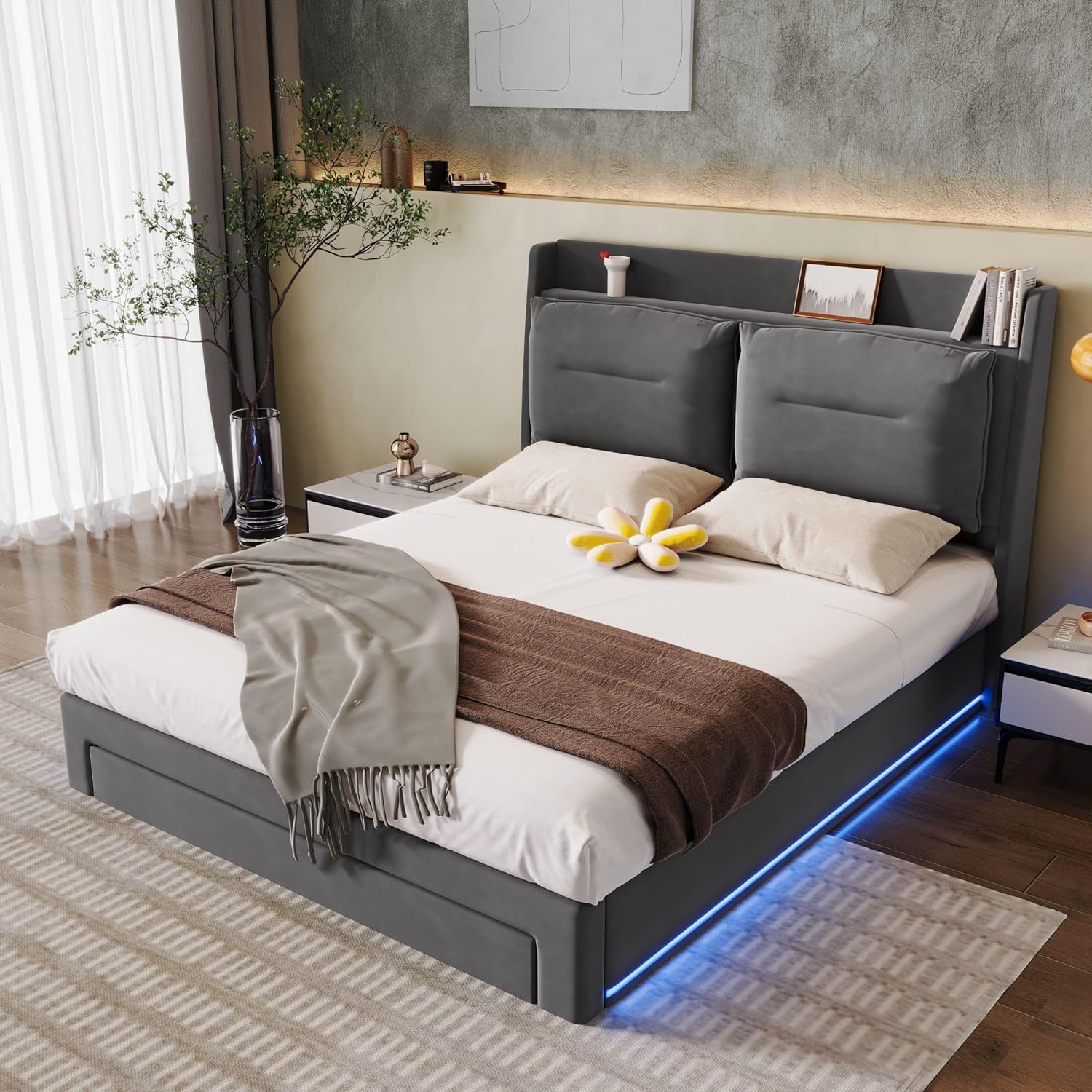 Bett 180x200cm, Polsterbett mit LED Licht und Schublade, Hydraulisches Bettgestell mit Stauraum, Oberfläche aus Samt, Doppelbett mit Lattenrost, ohne Matratze, Grau