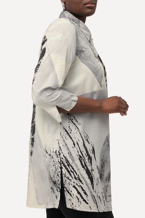 Longbluse, Federn, Hemdkragen, 3/4-Arm