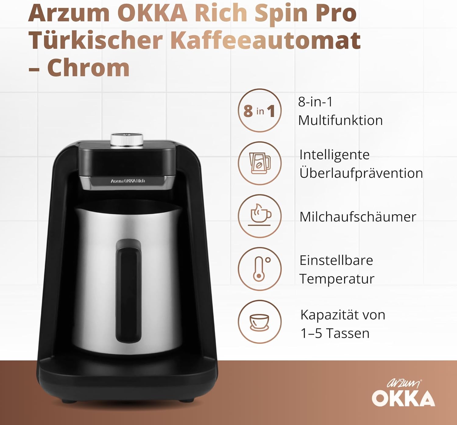 Arzum OKKA RICH SPIN PRO TURKISH COFFEE MACHINE (Chrome)