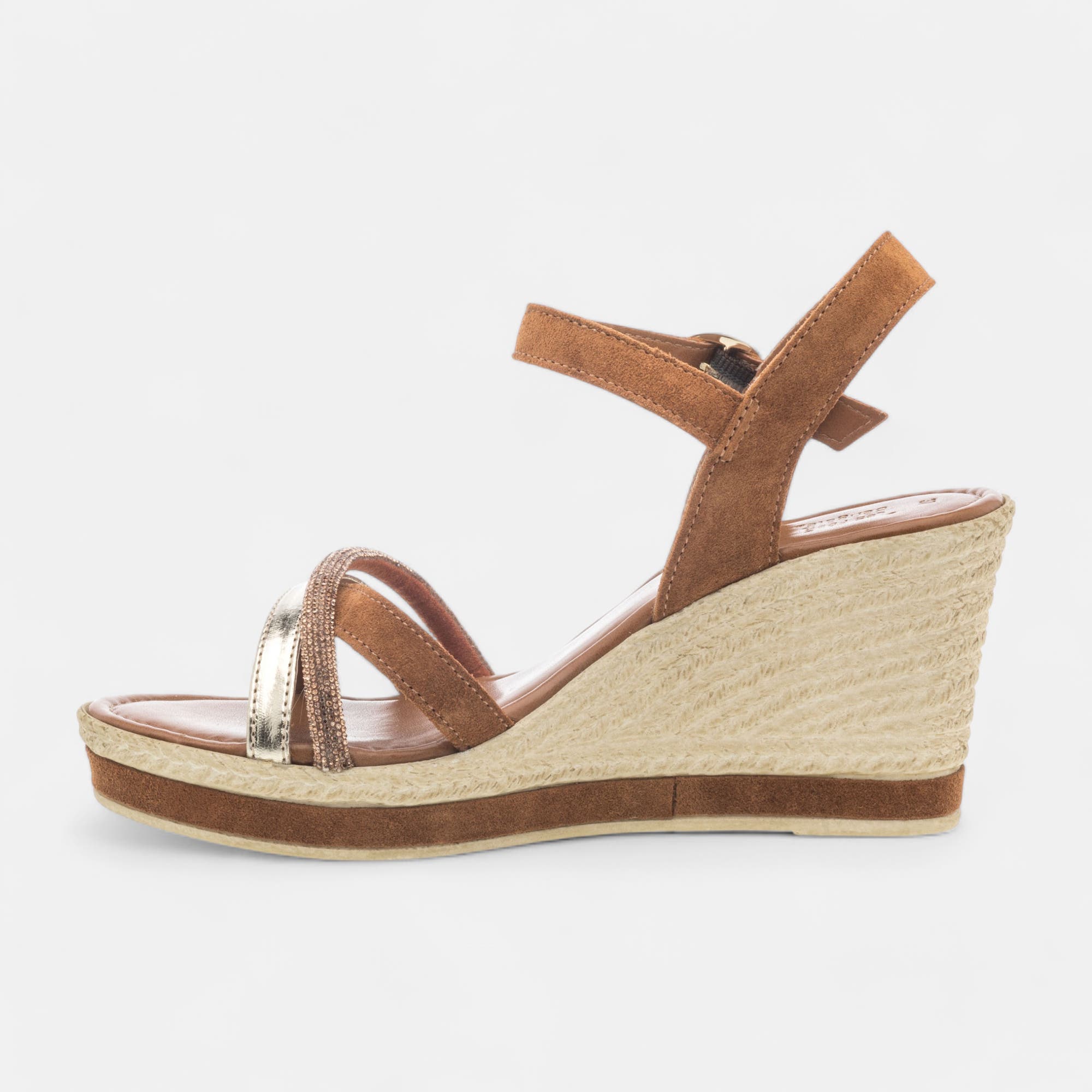 Nu-pieds à talon compensé Femme en cuir cognac