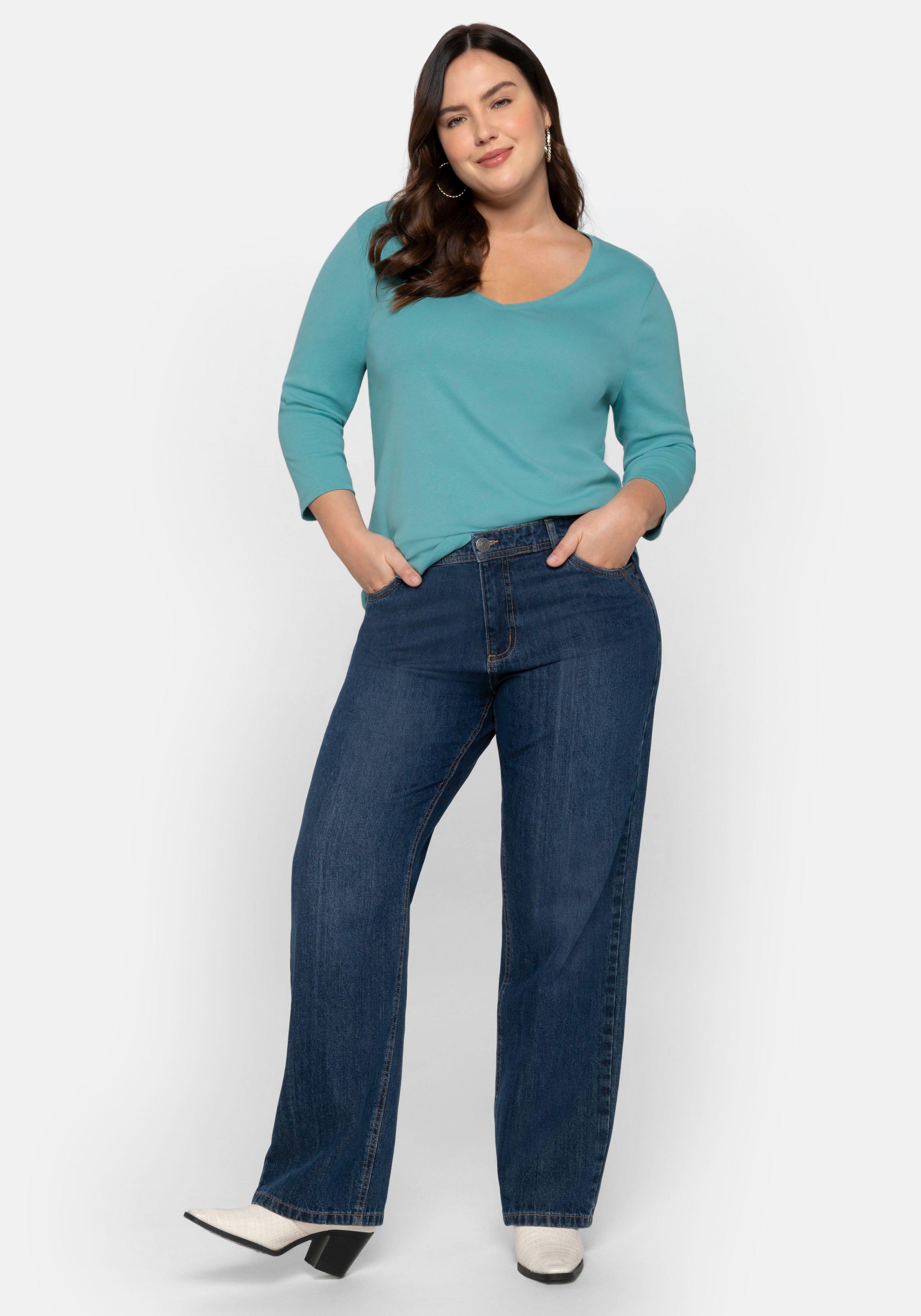 Shirt mit 3/4-Arm und V-Ausschnitt, in Rippqualität