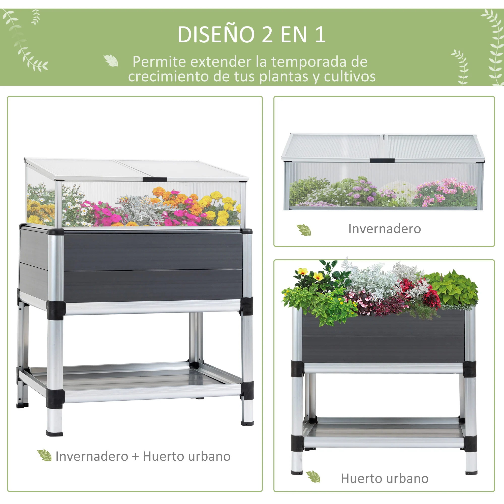 Jardineira elevada Outsunny para jardim urbano, em alumínio, 78,5 x 61 x 99,5 cm, com tampa de policarbonato, teto articulado e prateleira inferior para cultivo de plantas e flores, cinza.