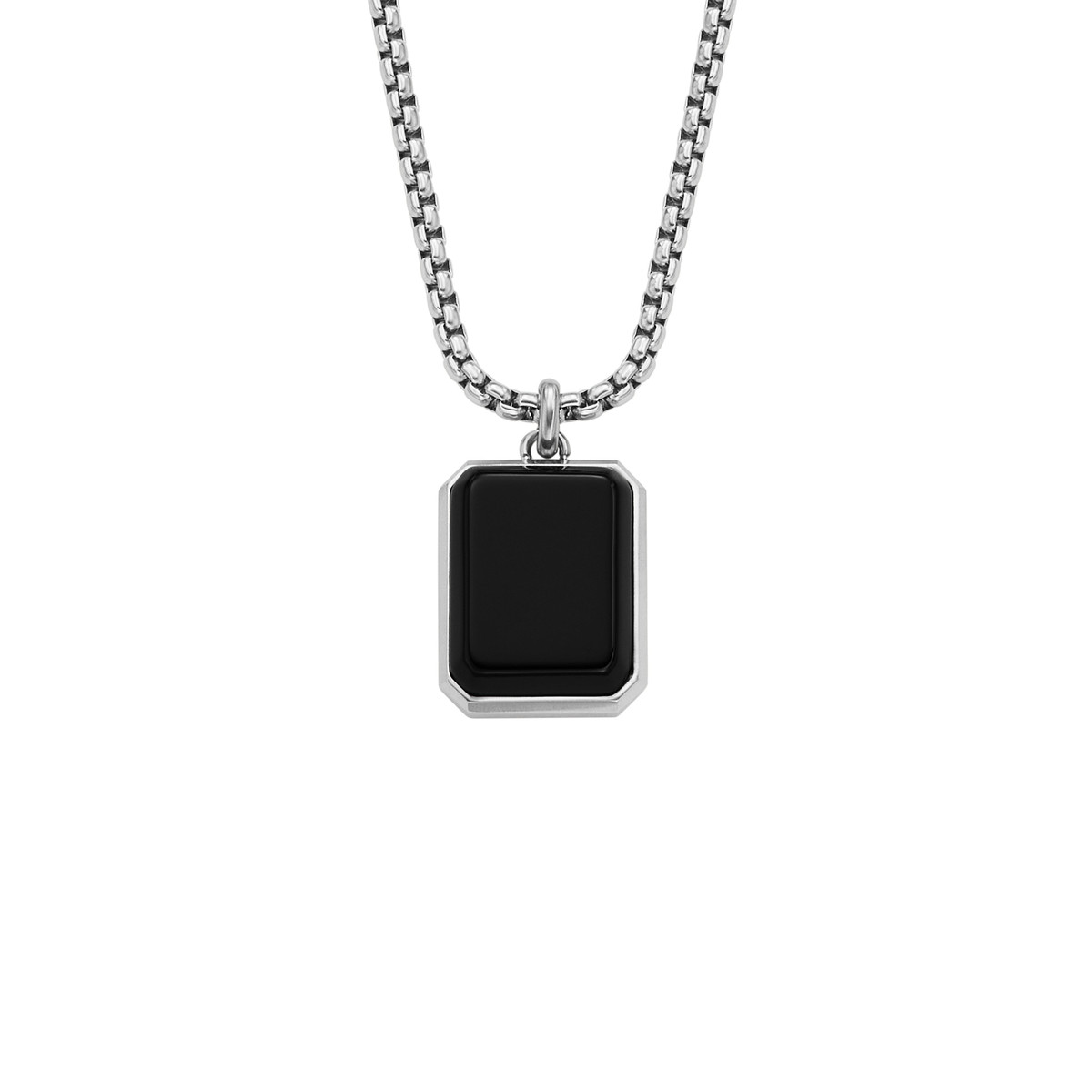 Collier FOSSIL acier inoxydable plaque agate noire 55 cm