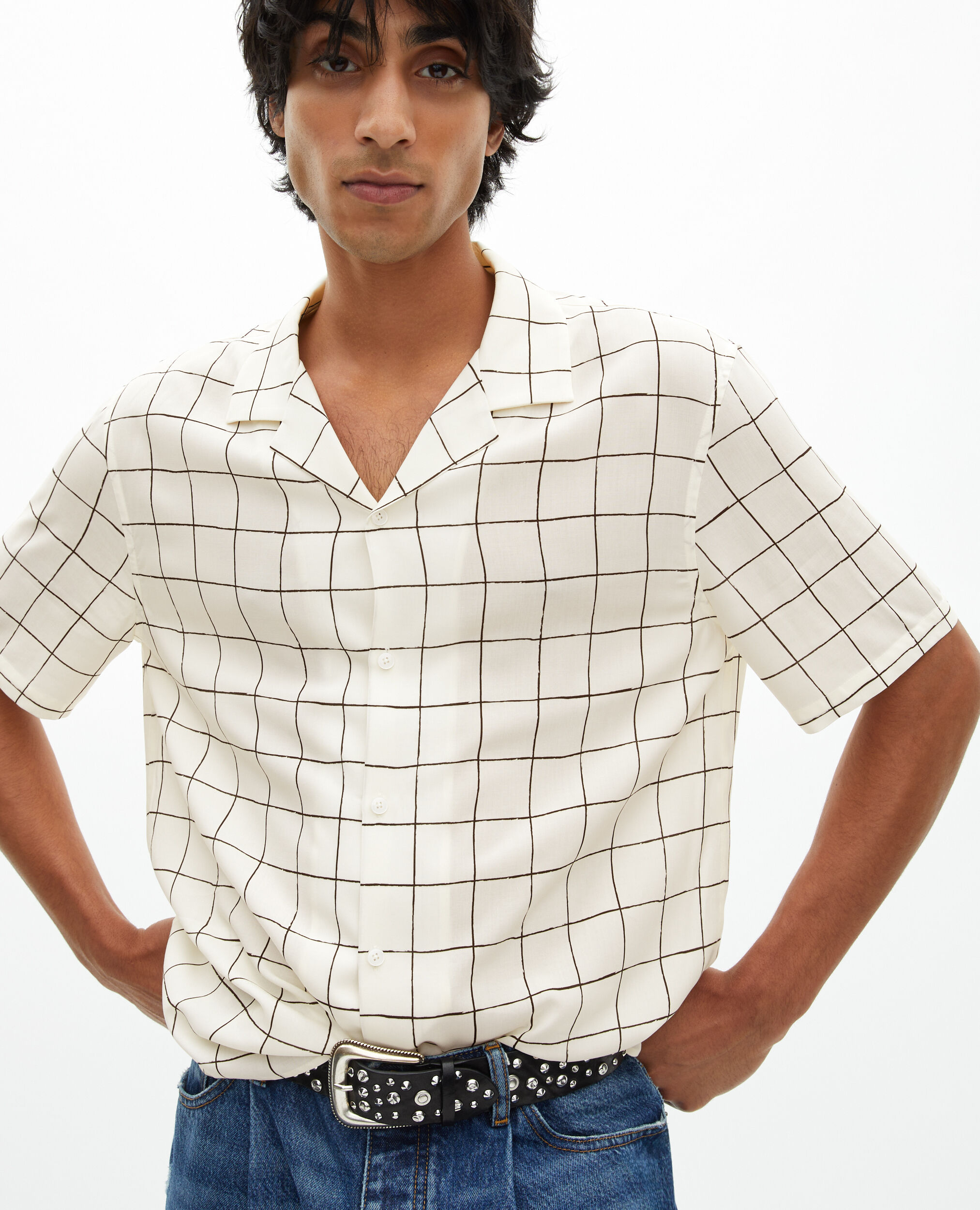 Chemise manches courtes à carreaux écrue