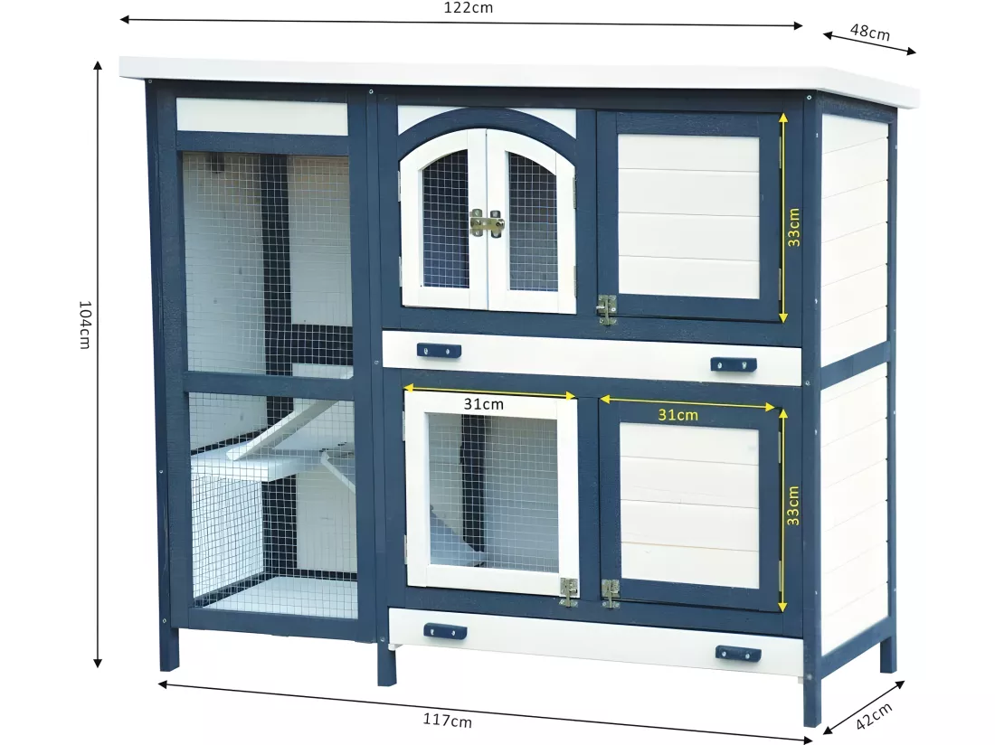 Cage Clapier Extérieur pour lapins 122x42,5x104 cm Modèle- Miette 081 Gris-blanc