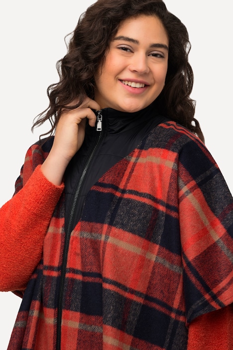 Poncho, Karomuster, Troyerkragen, Oversized, Halbarm