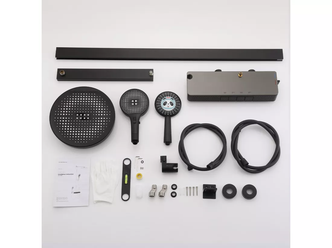 Colonne de Douche Thermostatique 40℃ avec Plateau de Rangement Ensemble de douche 4 fonctions avec douchette pour enfants
