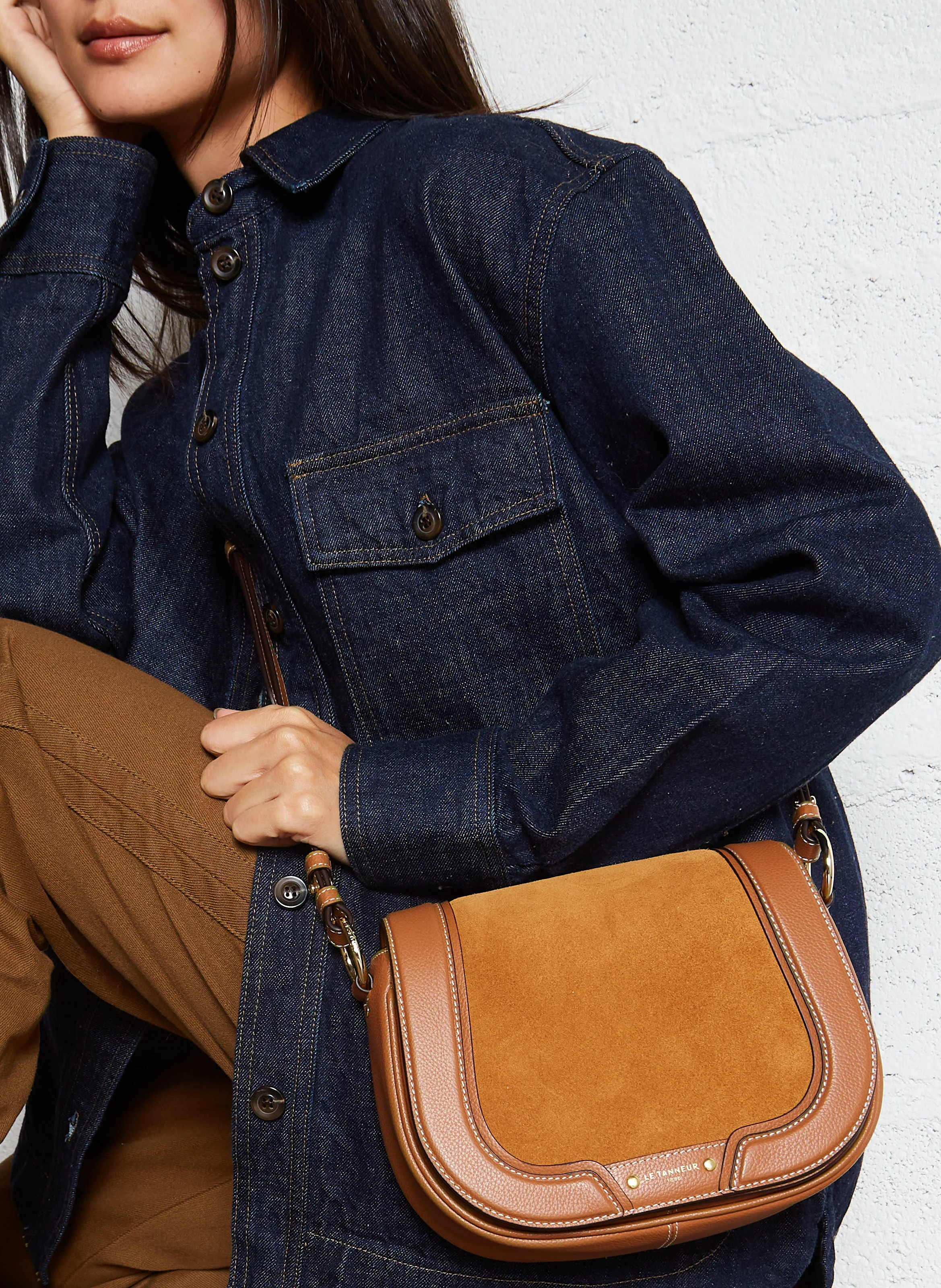 ELLA - Besace moyen en cuir velours | Marron
