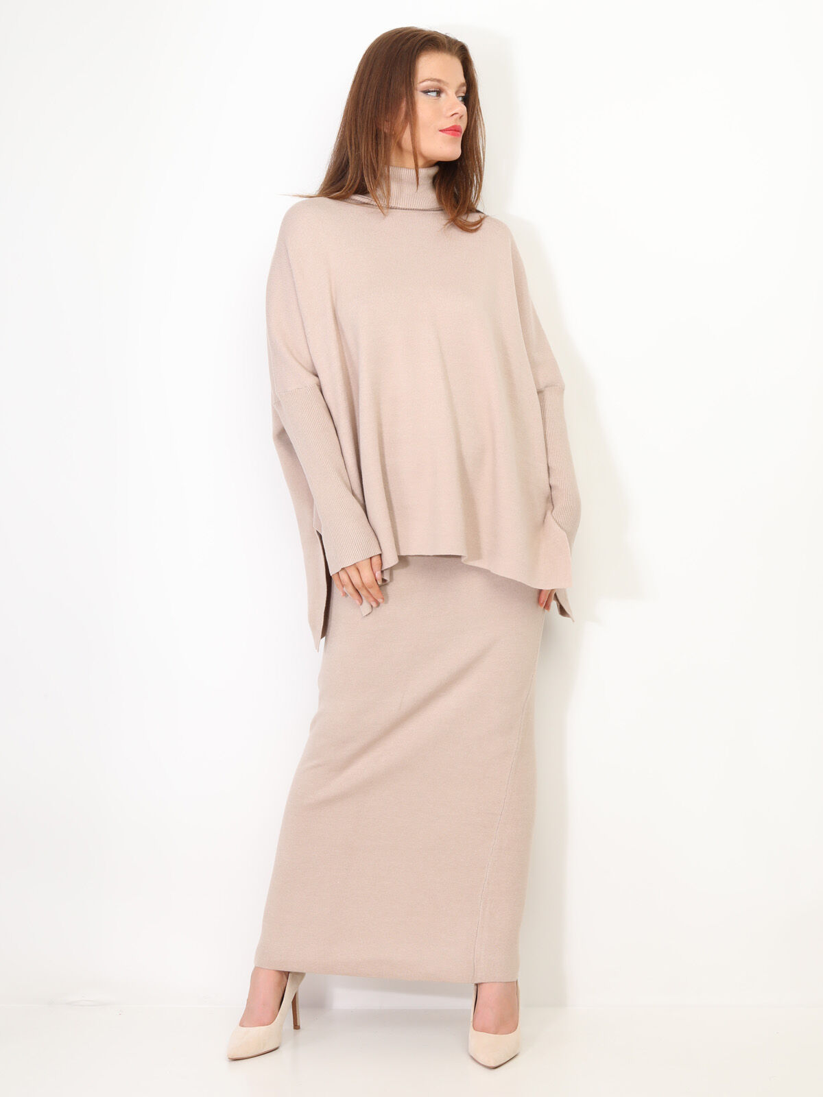 Ensemble maille jupe longue et col roulé- Beige