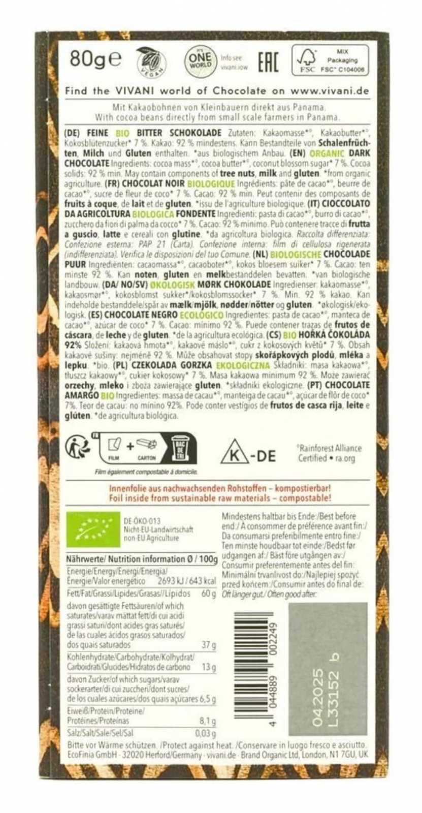 Vivani Chocolate Negro 92% Cacao Panama 80 g