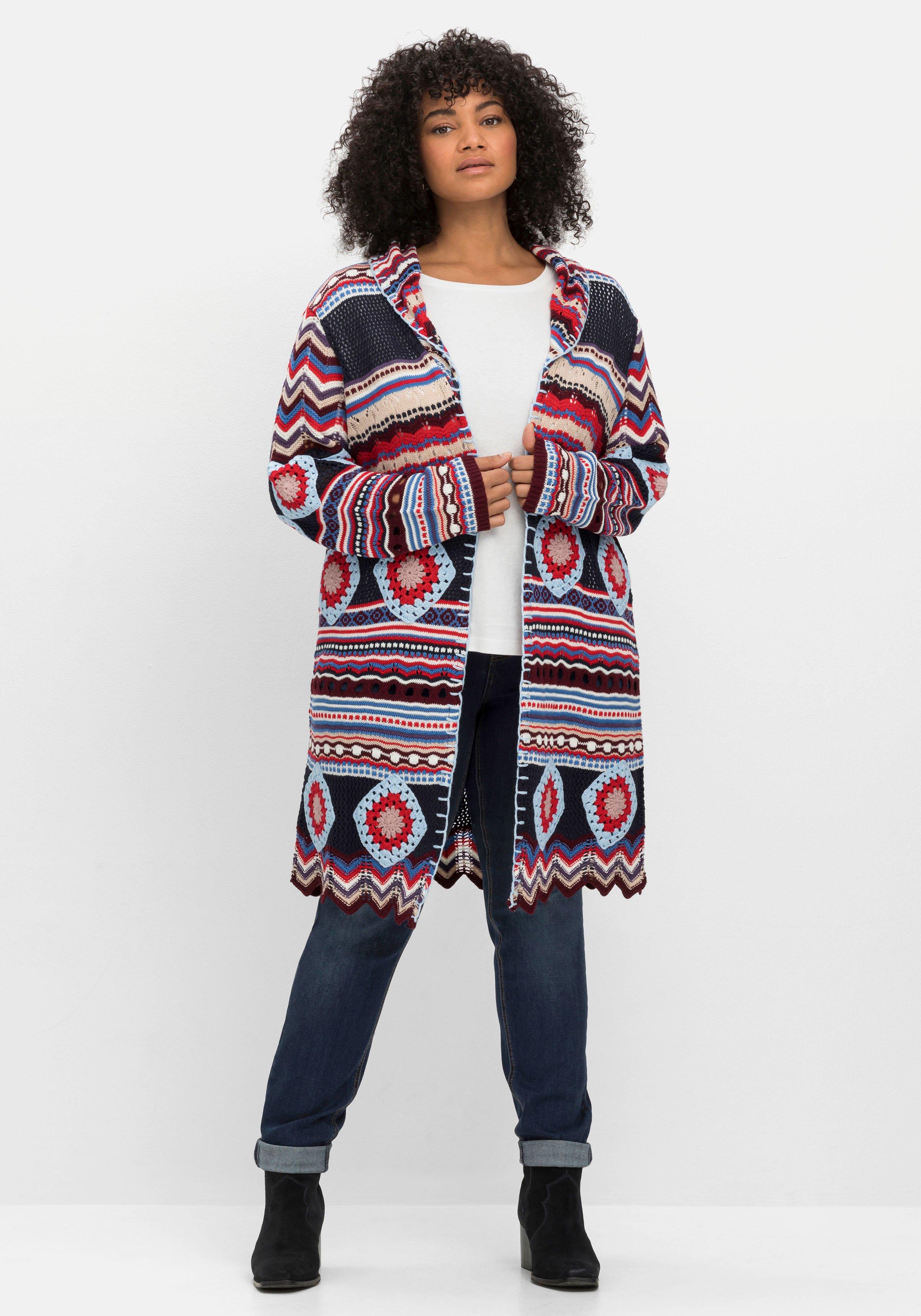 Longstrickjacke im Boho-Stil, mit Schalkragen