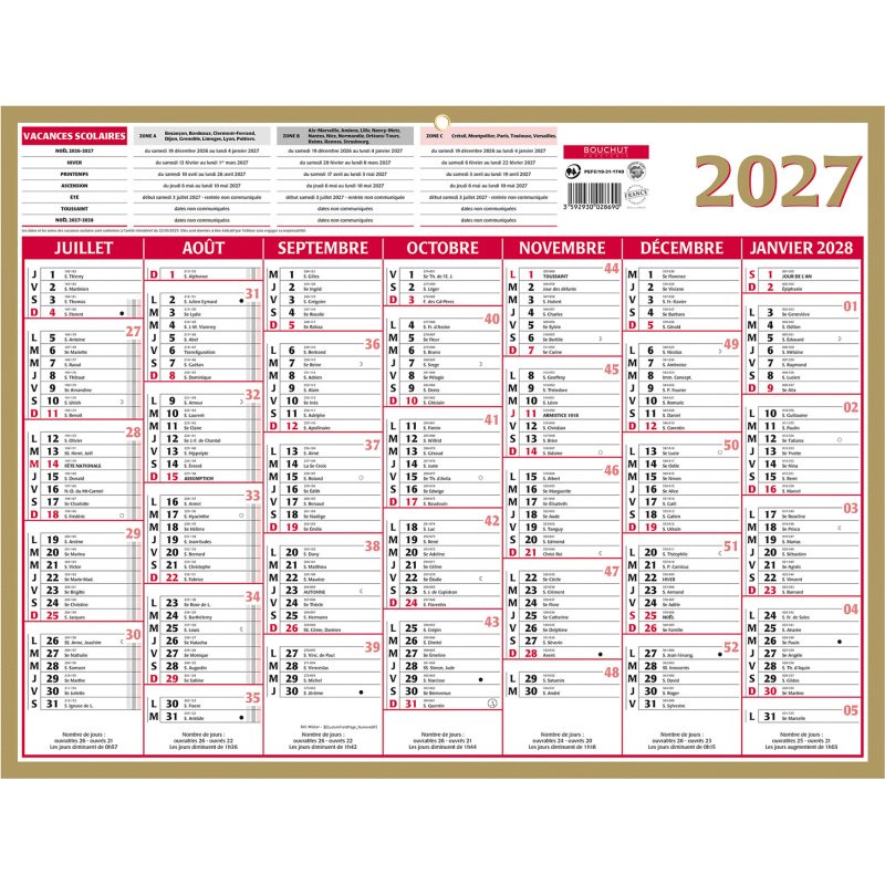 Calendrier semestriel mural 2027 - Or - L 42 x 32 cm