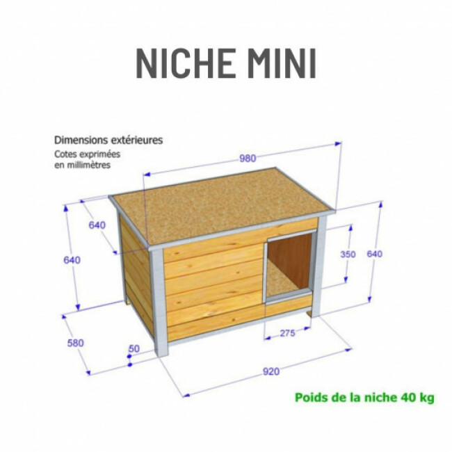 Niche isolée en bois avec toit plat pour chien