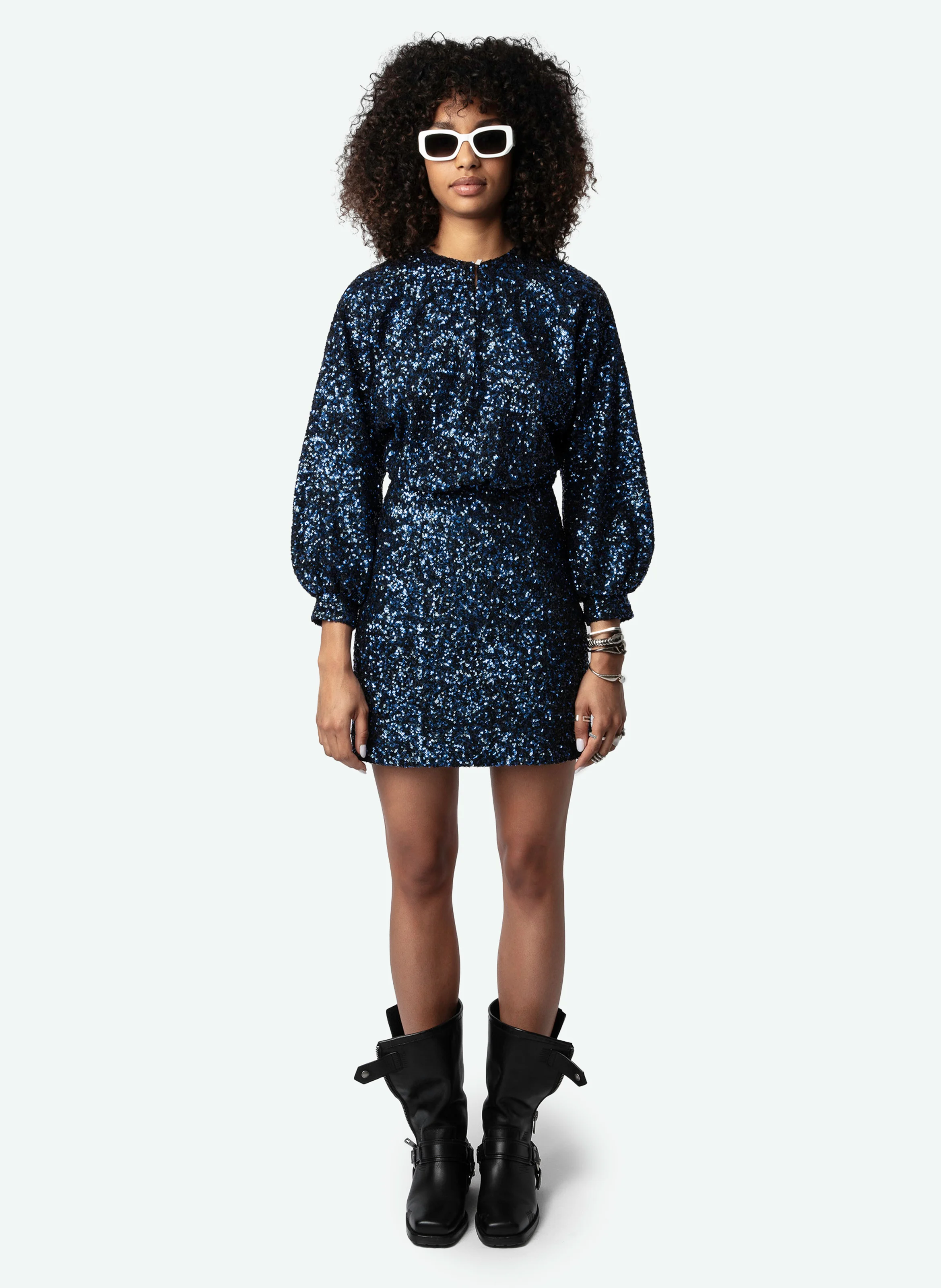 RUI - Robe courte col rond à sequins | Bleu