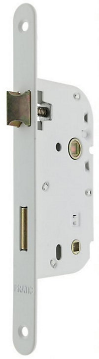 Serrure à mortaiser bec de cane à condamnation pour porte de salle de bains ou toilettes, axe 50 mm, carré de 7, coloris blanc. Bouts ronds.