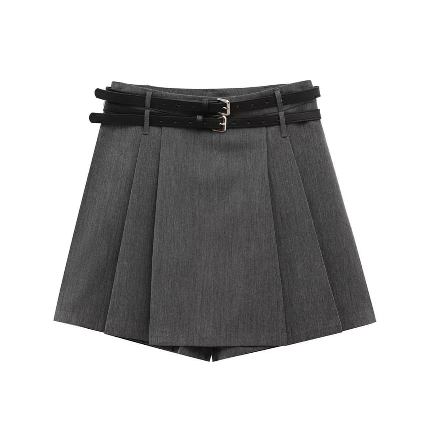Avauntgardo - Set: Hoge taille effen geplooide mini A-lijn skort + riem