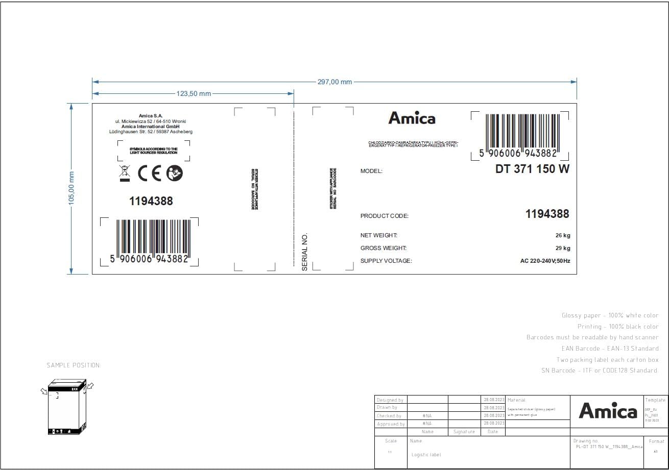 Amica Kühl Gefrierkombination freistehend mit Gefrierfach oben 105 cm Höhe 112 l Nutzinhalt LED Beleuchtung FrostControl - Weiß
