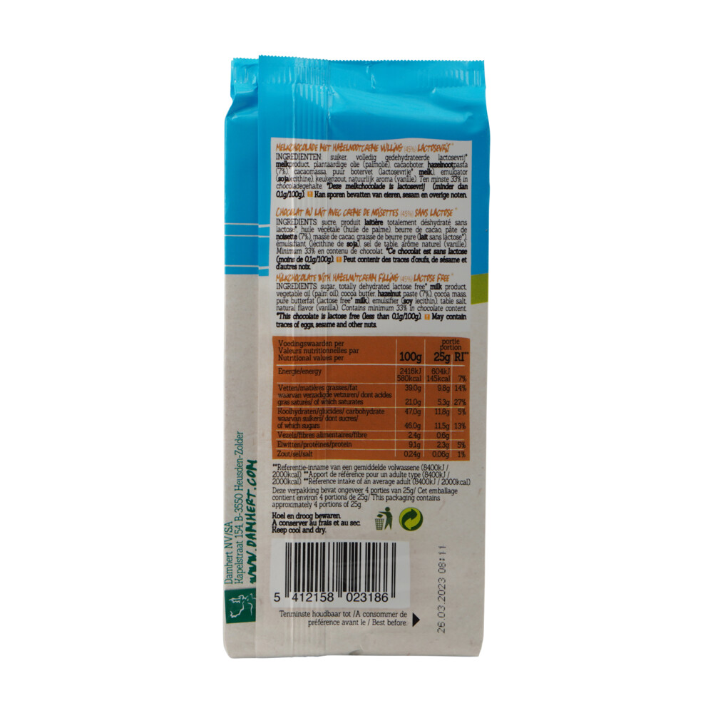 3x Damhert Chocoladereep Praliné Glutenvrij en Lactosevrij100 gr