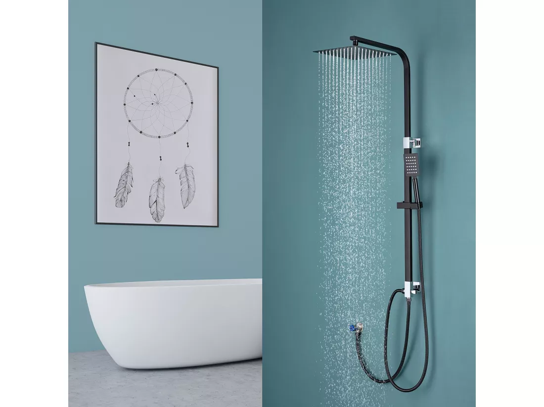 Colonne de Douche Noir Sans Mitigeur,Ensemble Douche en Hauteur Réglable de 690-1130 mm+Porte-Serviettes de Salle de Bain,Auto-adhésif/ Perçage,60CM