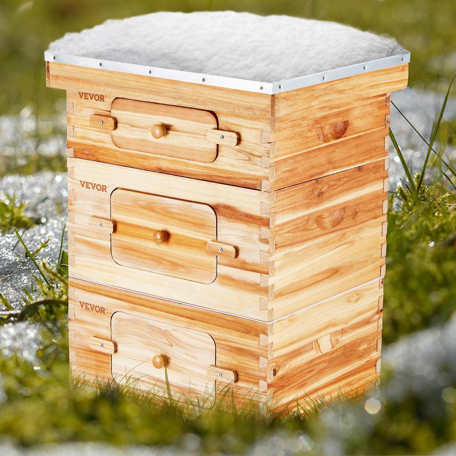 VEVOR Bienenstock, Zander Beute für 30 Rahmen, mit Bienenwachs beschichtetes Tannenholz, 2 Tiefe + 1 mittelgroßer Bienenkasten, Langstroth-Bienenstock-Set, transparente Acrylfenster mit Fundamenten