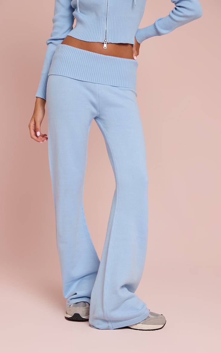 Bleu Clair Pantalon Évasé En Maille Avec Taille Repliable Douce