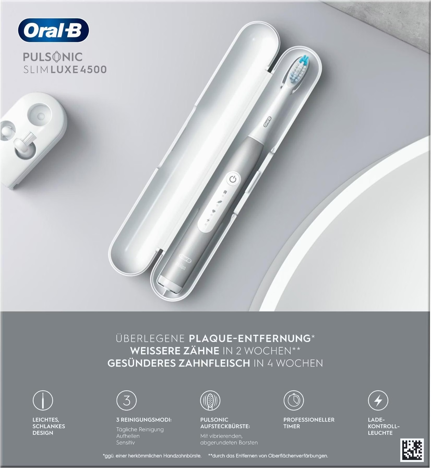 Pulsonic Slim Luxe 4500 Schallzahnbürste Reise Edition mit Induktiver Ladestation   Aufbewahrungsbox (S411.526.3X) - Platinum