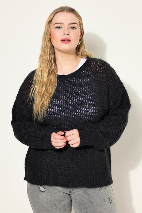 Pullover, Boxy Shape, Lochstrick, Rundhals, Langarm