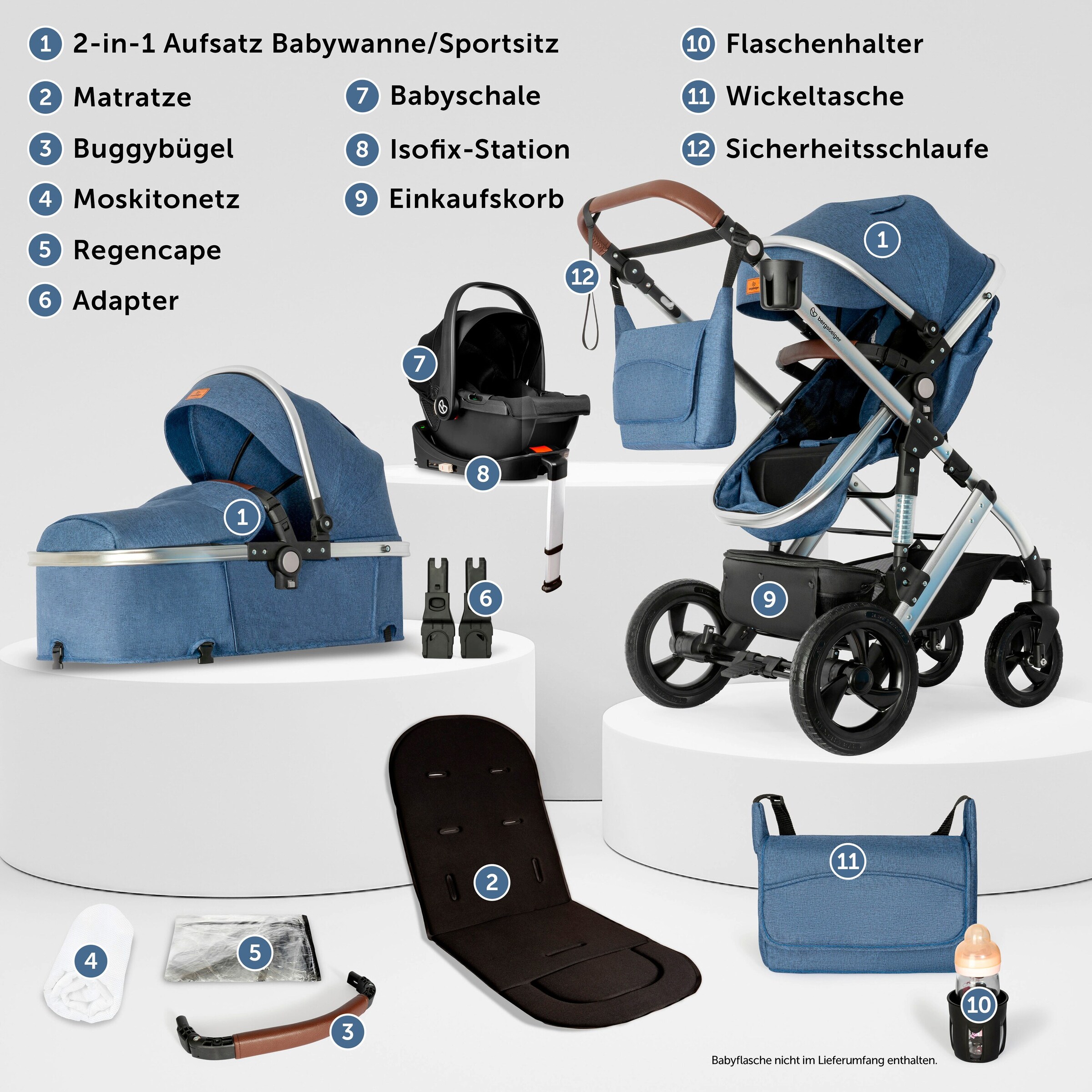 Bergsteiger Kinderwagen Nizza + Babyschale blue | Gestell: silver