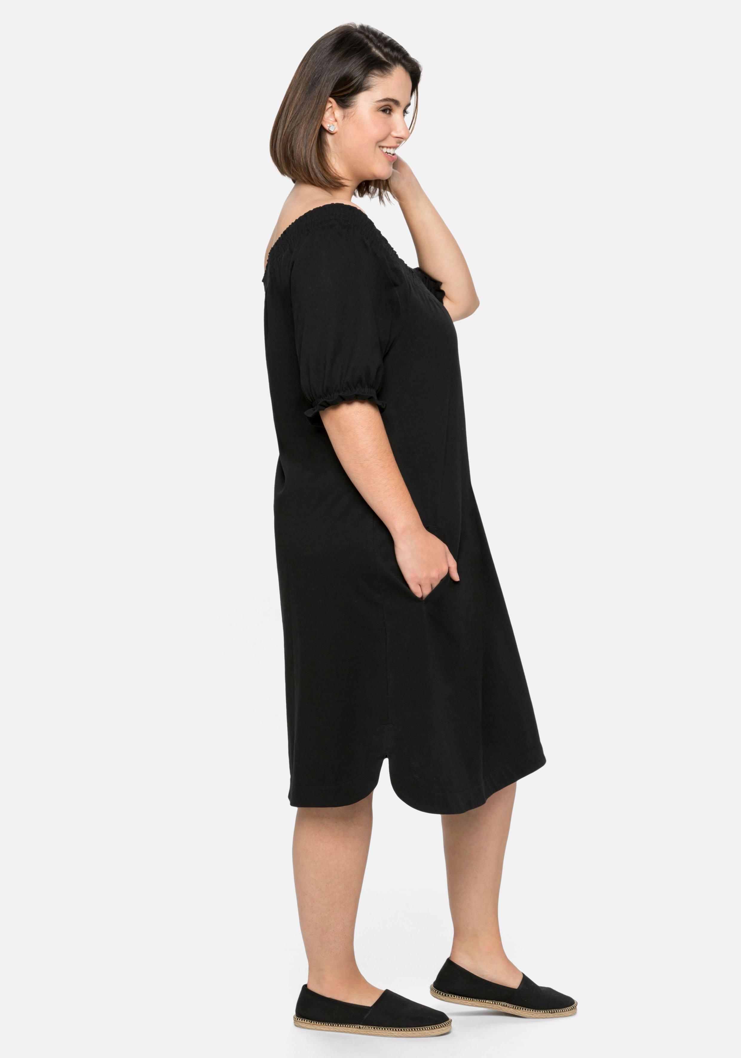 Jerseykleid mit Smok-Ausschnitt und Puffärmeln