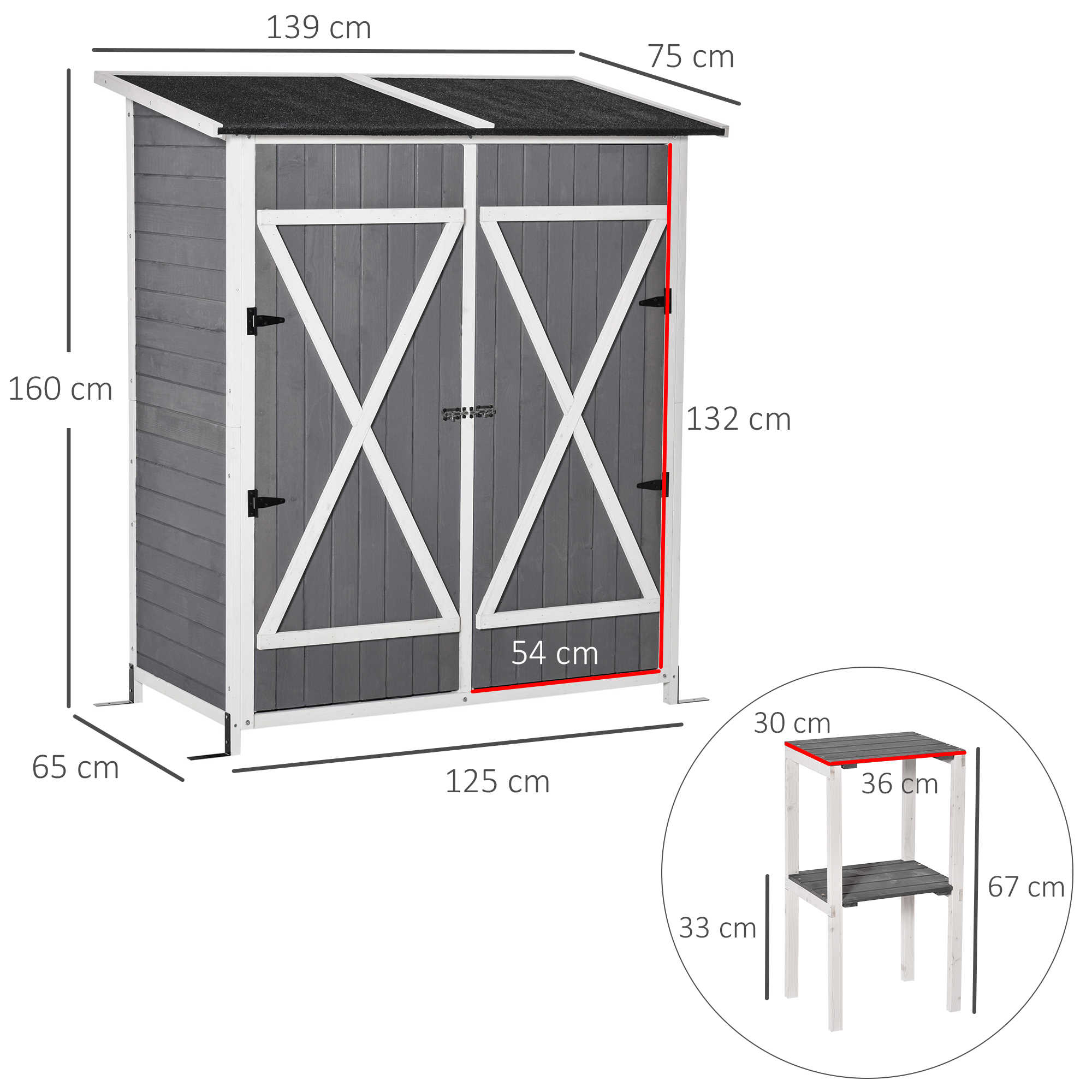 Casinha de jardim de madeira Outsunny, 139x75x160 cm, para guardar ferramentas, com prateleiras móveis, portas com fechadura, telhado de asfalto, cinza.