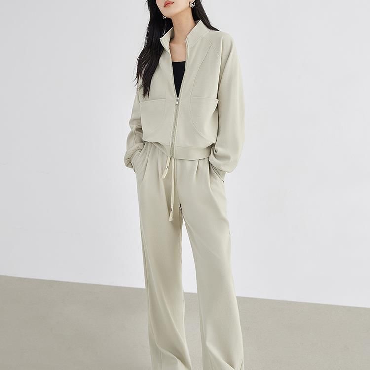Jeonseon - Set: Jas met rits + Joggingbroek met hoge taille en wijde pijpen