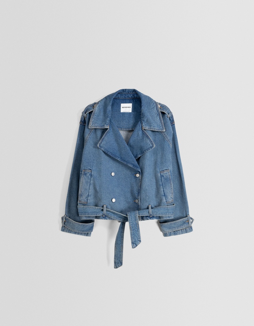 Jaqueta trench coat jeans cropped