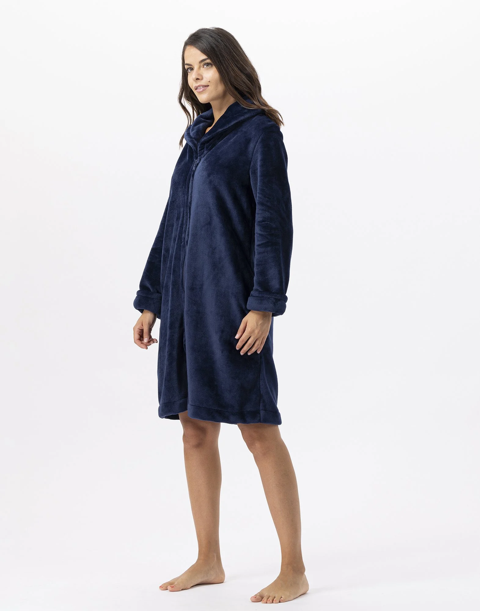 ESSENTIEL H56B - Robe de chambre zipée en peluche flanelle | Bleu