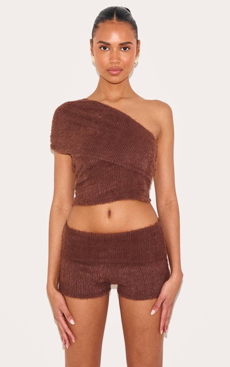 Chocolat Short Taille Haute À Revers En Maille Duveteuse Texturée