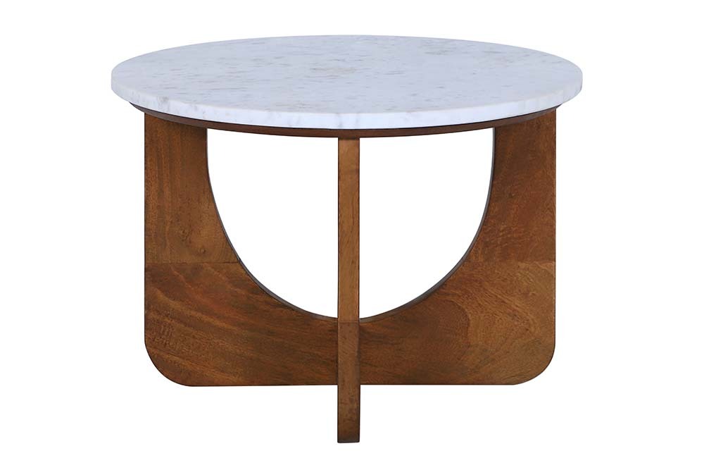 Runder Couchtisch ENSO 60cm weiß Marmor braun massiv Mangoholz