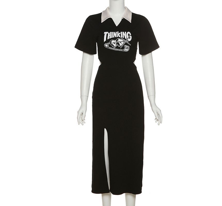 Sugarcoat - Midi-jurk met korte mouwen, kraag en letters, split