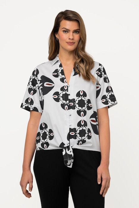 Bluse, grafischer Druck, Saumknoten, Hemdkragen, Halbarm
