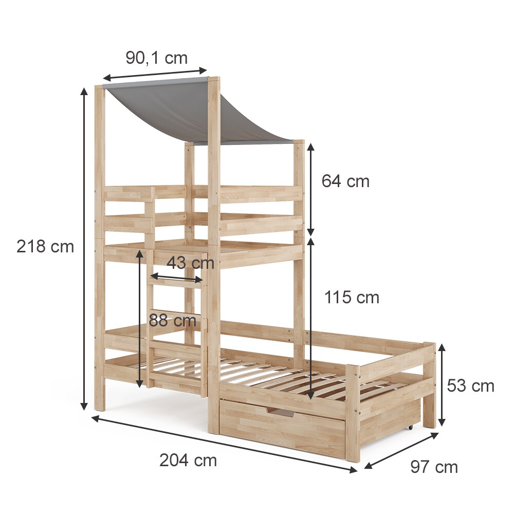 VitaliSpa Spielturmbett Kinderbett Spielbett Tom Natur modern 204x218 cm Massivholz Kinderzimmer Lattenrost Bettleiter Bett Schublade Abenteuerbett Kletterbett