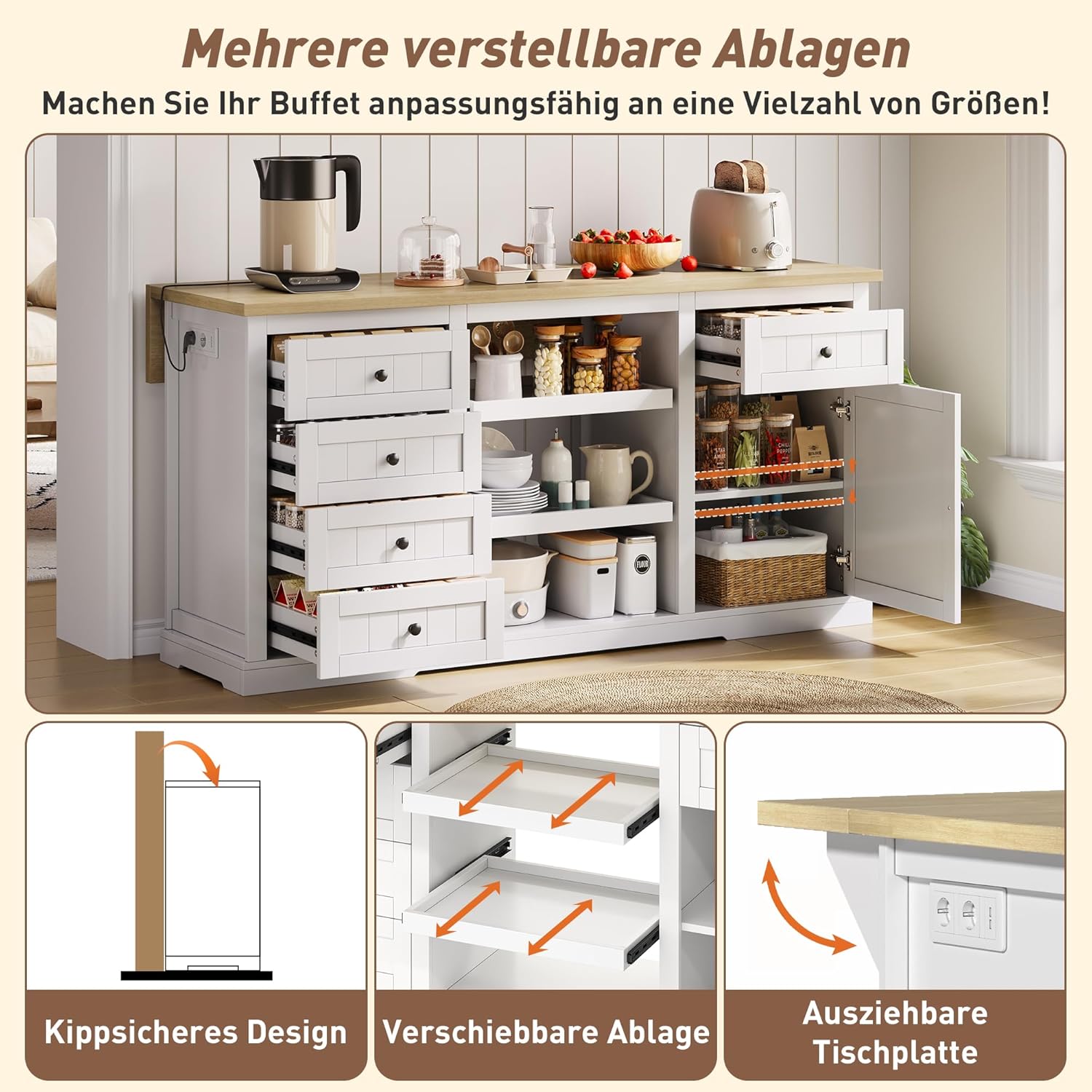 Buffet‑Sideboard/Bar‑Schrank/Kücheninsel–5 Schubladen, 2 Ausziehböden–Klappbare Erweiterungsplatte & Integrierte Steckdosen für Küche, Esszimmer&Wohnzimmer 150×65×75cm (Weiß)