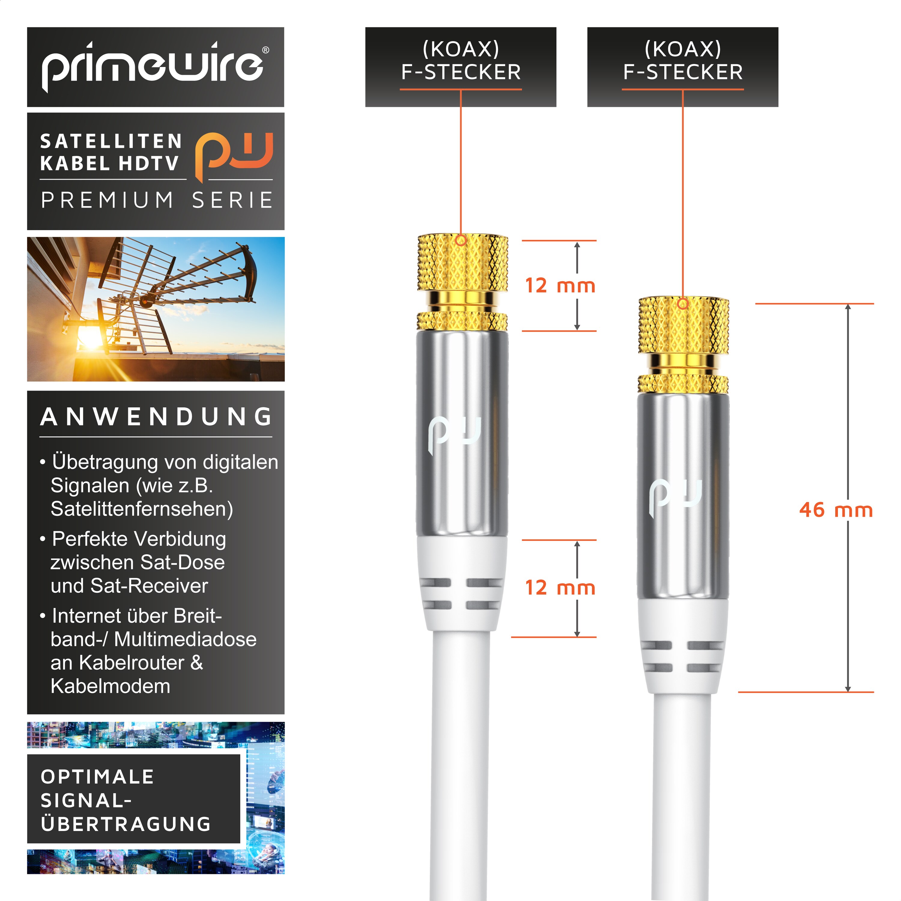 Primewire SAT-Kabel, Koax, F-Stecker, Premium HDTV SAT Koaxialkabel, 4fach Schirmung, 135dB, 75 Ohm - 3m