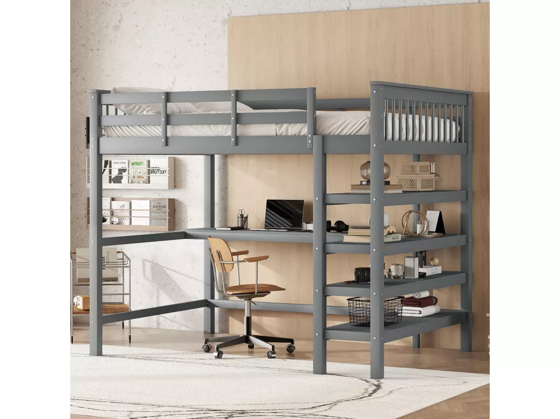 Lit mezzanine 140 x 200 cm avec bureau et étagères de rangement - Bois de pin + MDF - Gris