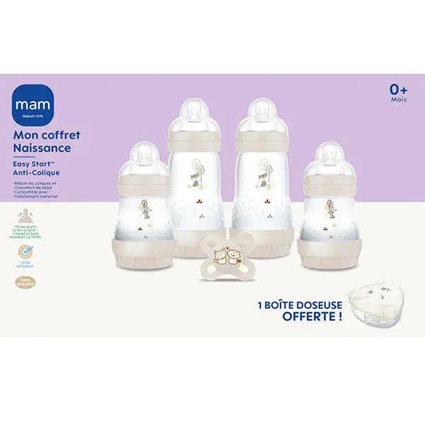 Kit Presente para Recém-Nascido Mam - Cor Areia - 4 Mamadeiras + 1 Chupeta + 1 Dosador de Fórmula