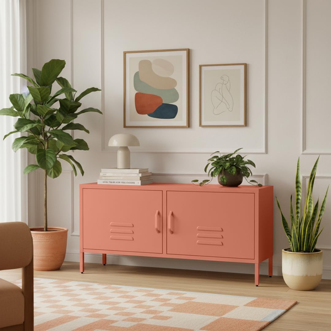 skølm Atria Lowboard aus Metall – TV Schrank in Terrakotta – Fernsehtisch mit 4 verstellbaren Fächern – TV Board 105x38x55 cm (BxTxH) – Sideboard / Fernsehschrank / Wohnzimmerschrank / Metallschrank