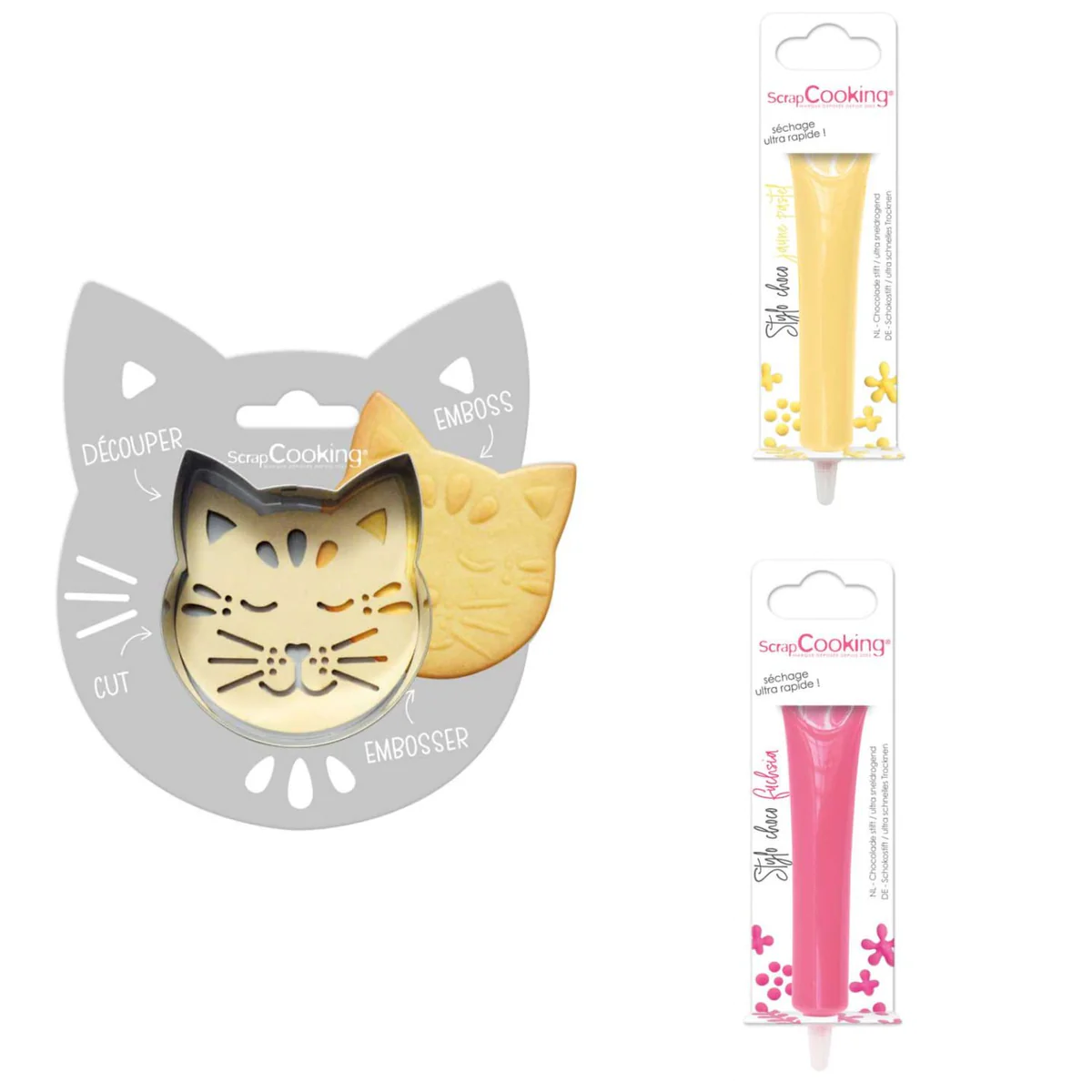 Kit pour biscuit en relief Chat + 2 Stylos au chocolat jaune pastel et