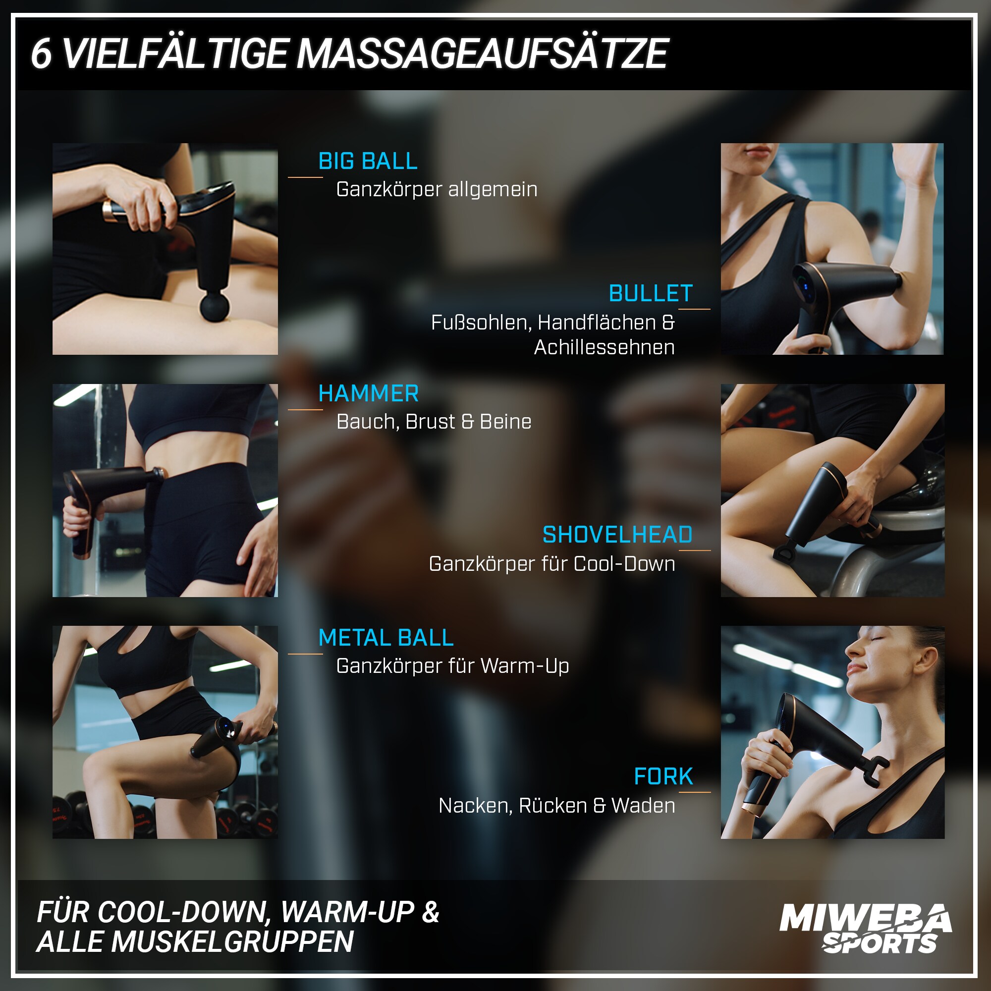 Miweba Sports Massagepistole MM100, Massage-Gun 2500 mAh für Faszien-Muskelmassage mit 6 Aufsätzen (Schwarz/Gold)