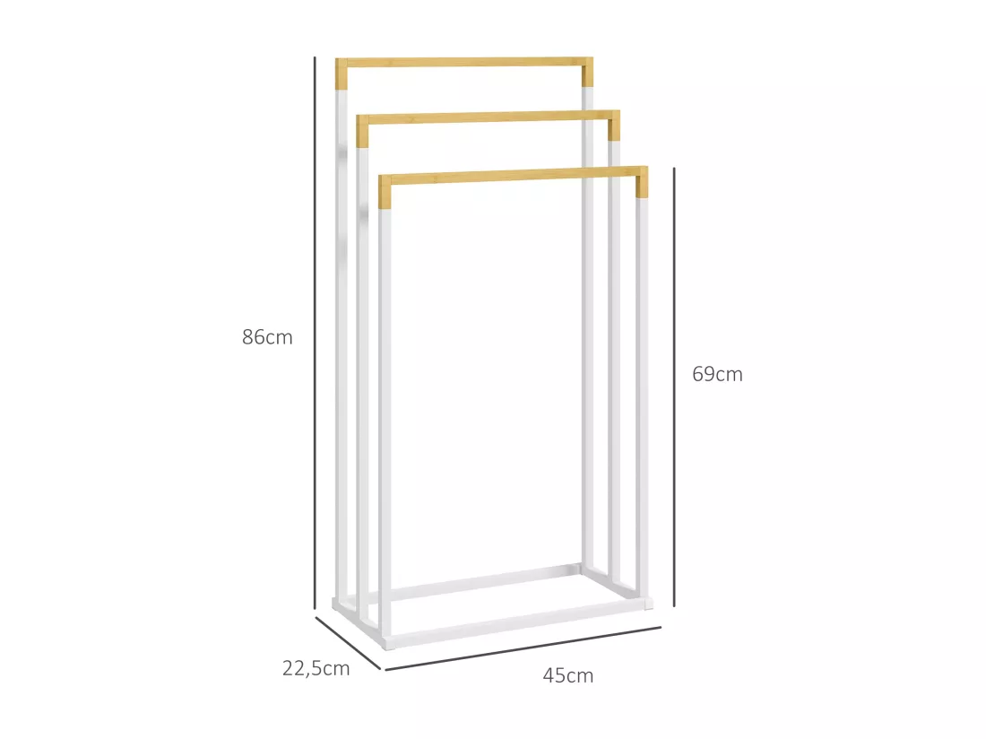 Porte-serviette autoportant 3 barres - dim. 45L x 22l x 86H cm - bois bambou acier blanc