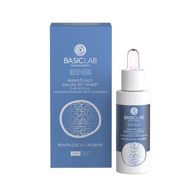 BasicLab Esteticus hydraterende Emu-Gel voor het gezicht met 4% Ectoïne, Aminozuren en Beta-Glucaan revitaliserend en verzachte