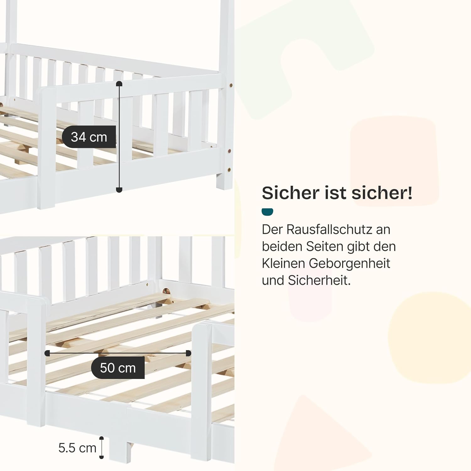 [en.casa] Kinderbett Treviolo Hausbett 140 x 200 cm Holzbett für Kinder mit Rausfallschutz Montessori Bettgestell mit Lattenrost Kiefernholz Weiß