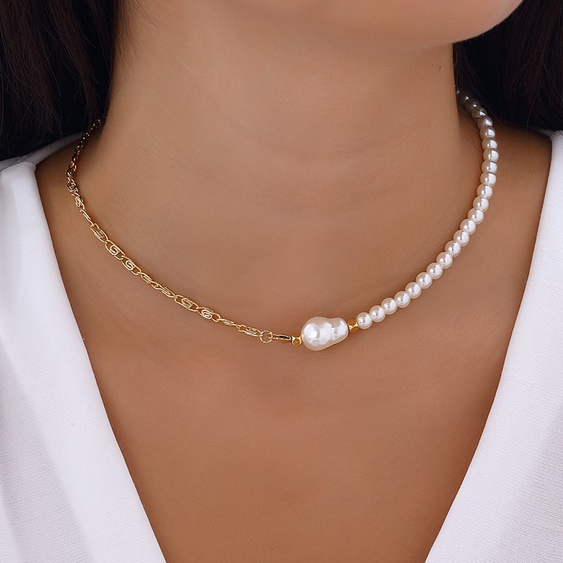 Collier - Laiton plaqué or & perles - Blanc